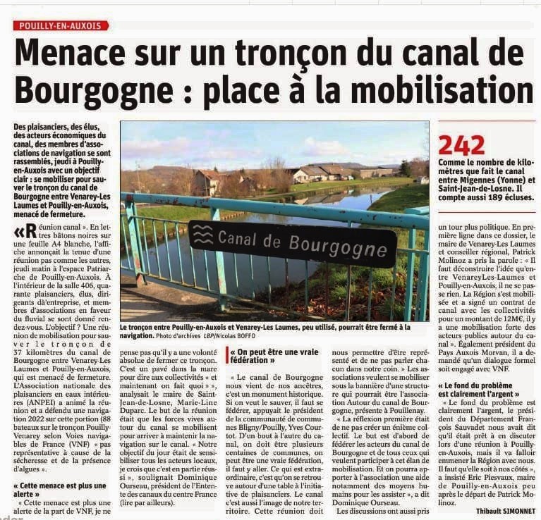 Coupure de presse - Menace sur un tronçon du canal de Bourgogne